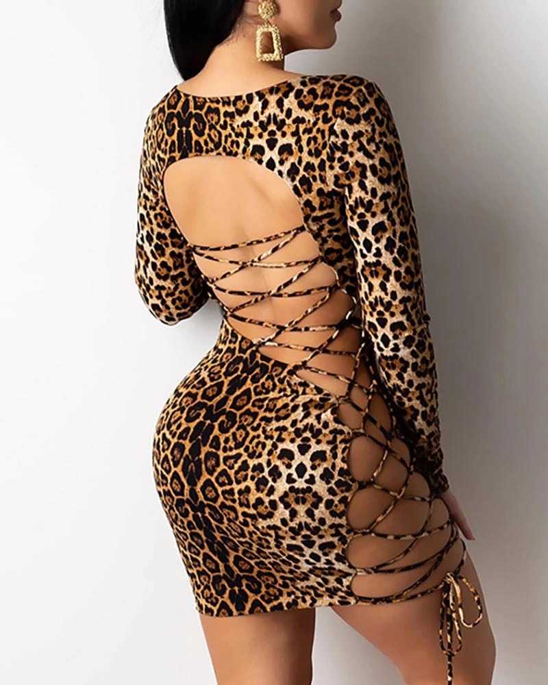 blue dress for baby girl Leopard Strappy Criss Cross Bodycon Back Lace Up Dress – sunifty