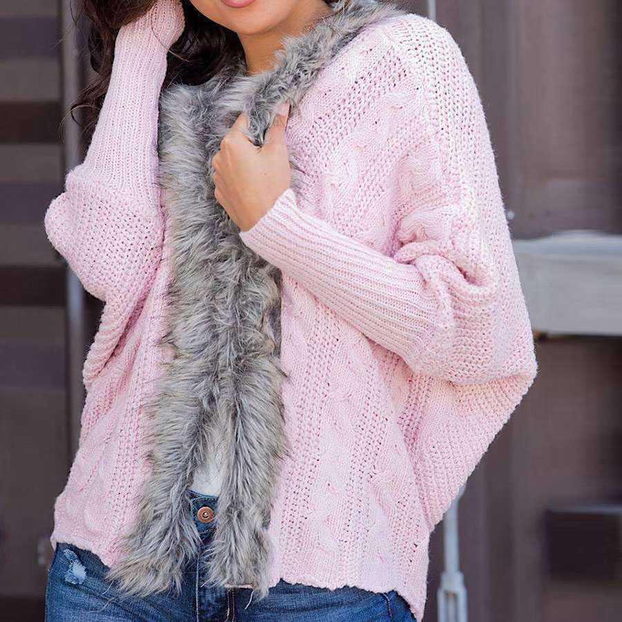 Oversized Furry Fur Collar Trim Batwing Knit Cardigan Sweaters