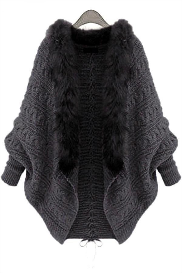 Oversized Furry Fur Collar Trim Batwing Knit Cardigan Sweaters