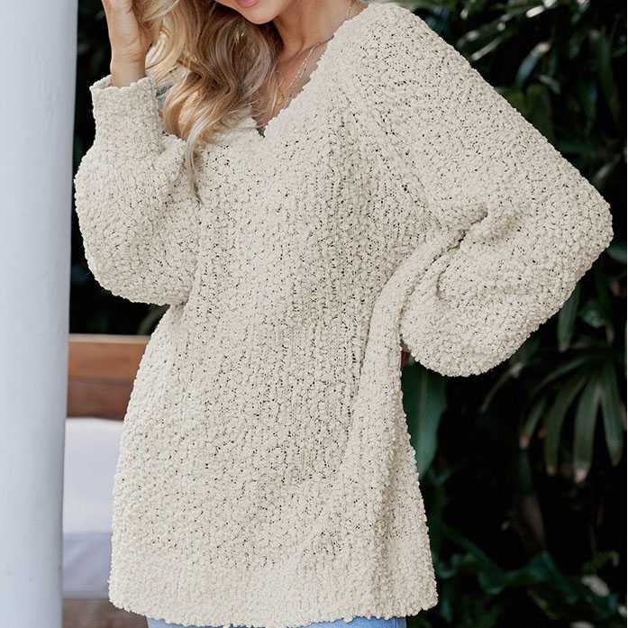 Comfy Oversized V Neck Popcorn Sweater Pullover