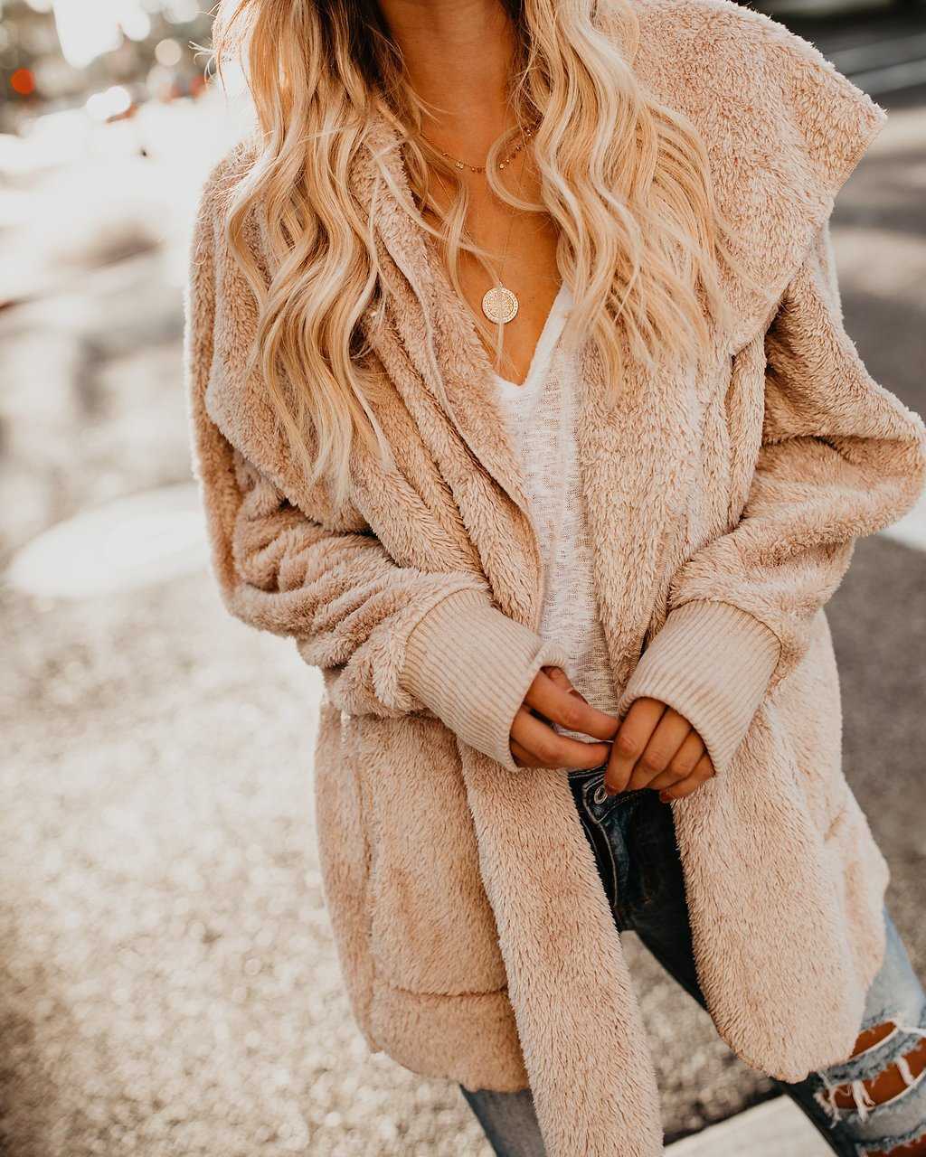 Fur Lined Faux Fur Fuzzy Long Hooded Cardigan With Pockets