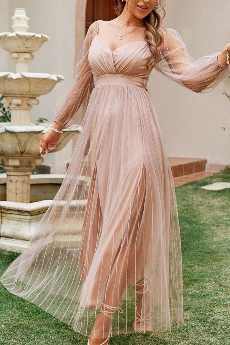 Semi See Through Mesh Pleated Tulle Overlay Long Sleeve Bodycon Sundress