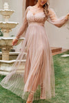 Semi See Through Mesh Pleated Tulle Overlay Long Sleeve Bodycon Sundress