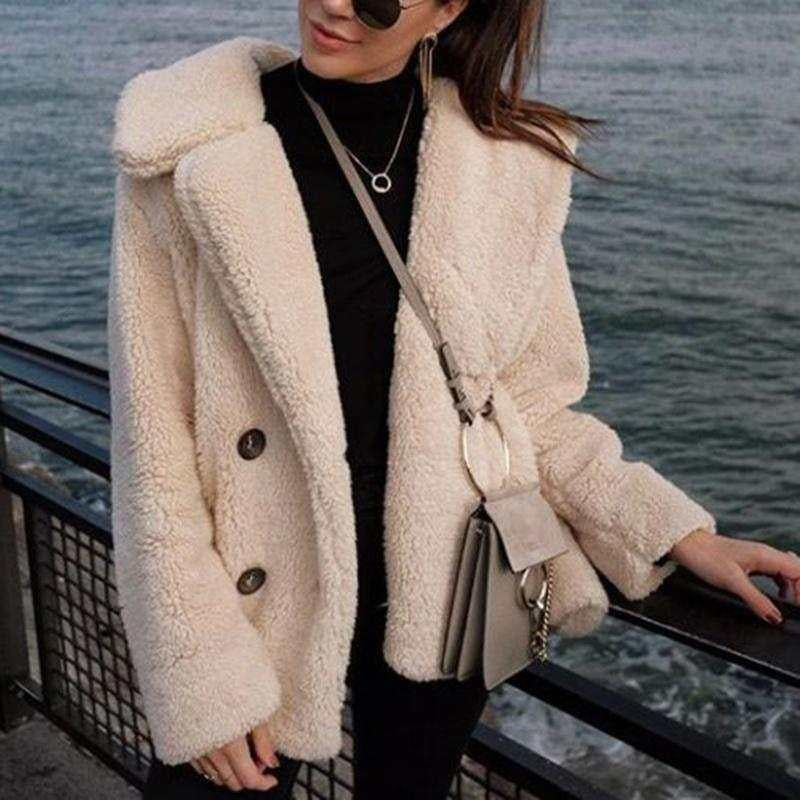 Fluffy Faux Fox Fur Laper Collar Double Breasted Teddy Fleece Jacket Women's