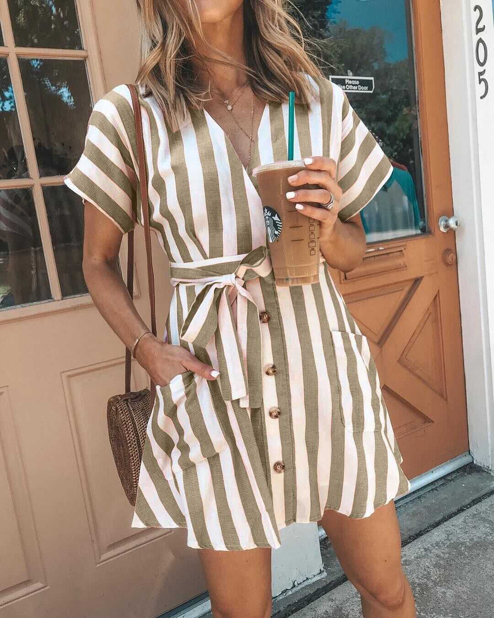 Classic Casual Deep V Neck Tie Waist Vertical Striped Bodycon dress, S / Pink