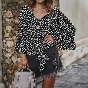 Bell Sleeve Painted Dots Tie Front Button Down Shirt