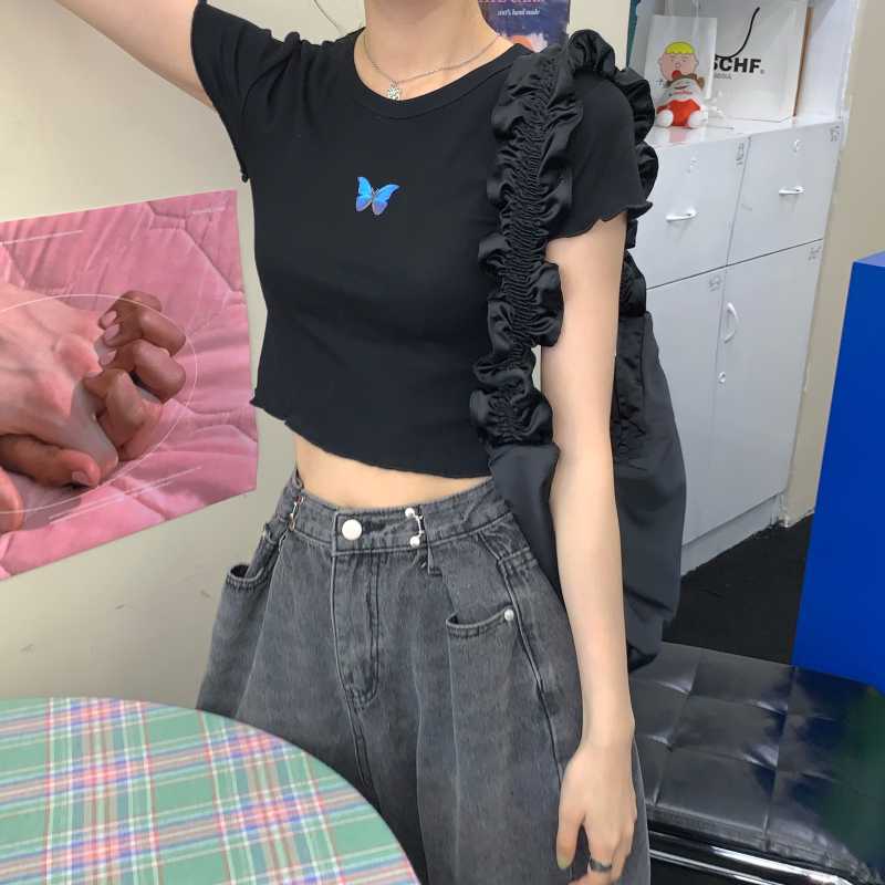 Colorful Butterfly Embroidered Ribbed Cotton Tank Top Crop Top