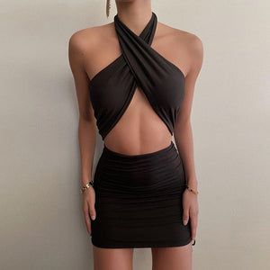 Side Shirring Criss Cross Front Wrap Halter Neck Dress Cut Outs