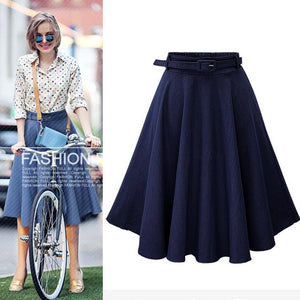 Classy Belted Waist High Waisted Full Midi Denim Skirt