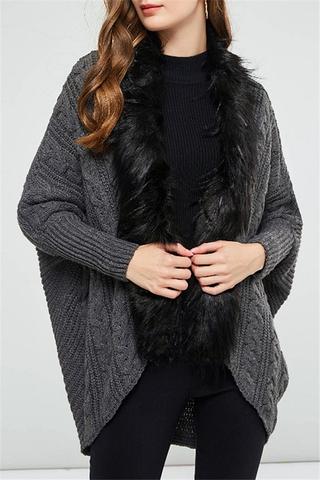 Oversized Furry Fur Collar Trim Batwing Knit Cardigan Sweaters