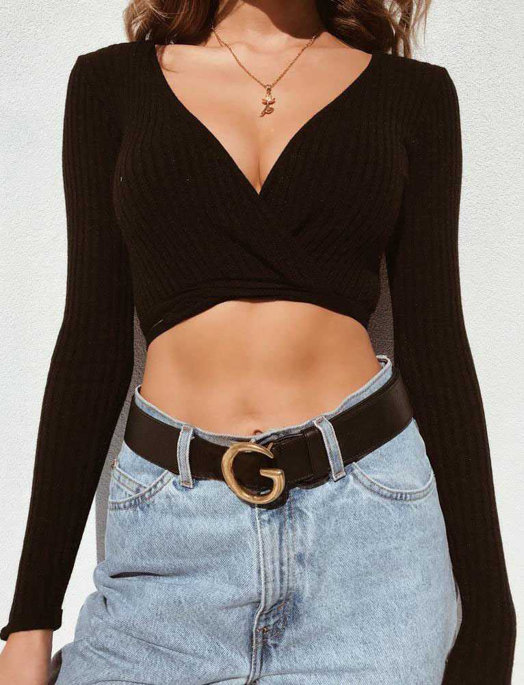 Oversized Tie Back Knitted Wrap Front Sweater Crop Tops