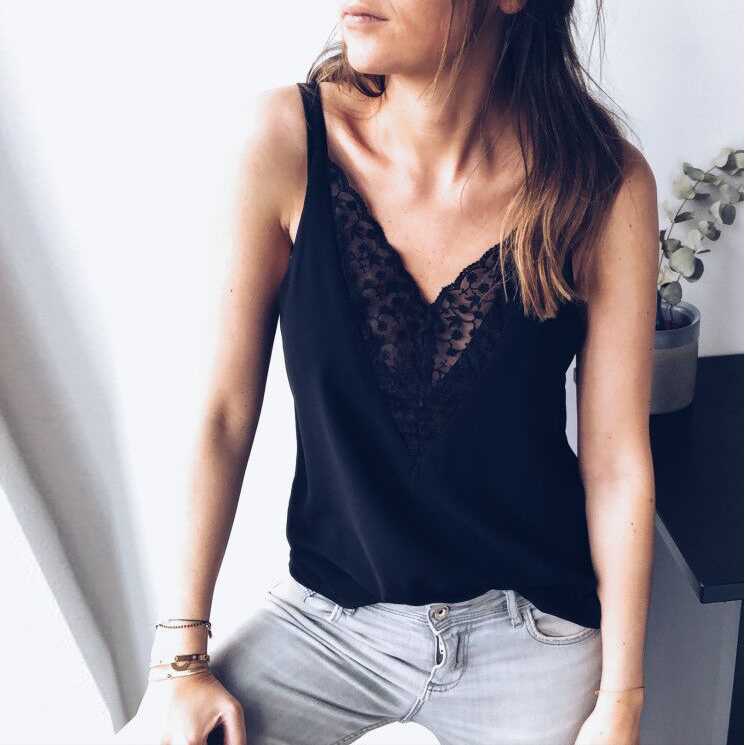 Deep Plunge Floral Embroidered Lace Swing Spaghetti Cami Tank Top