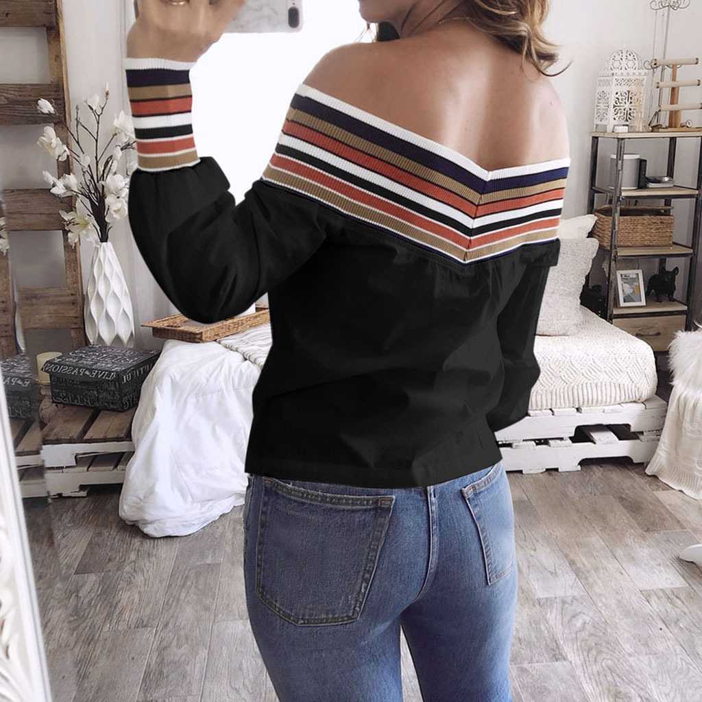 Casual Colorful Rainbow Stripes Off The Shoulder Long Sleeve Shirts