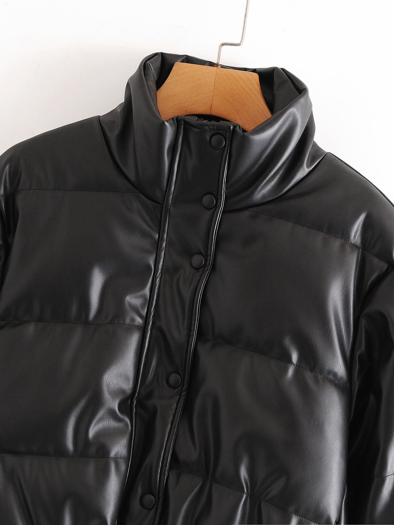 Water Repellent Faux Leather Cotton Padded Waxed Puffer Jacket