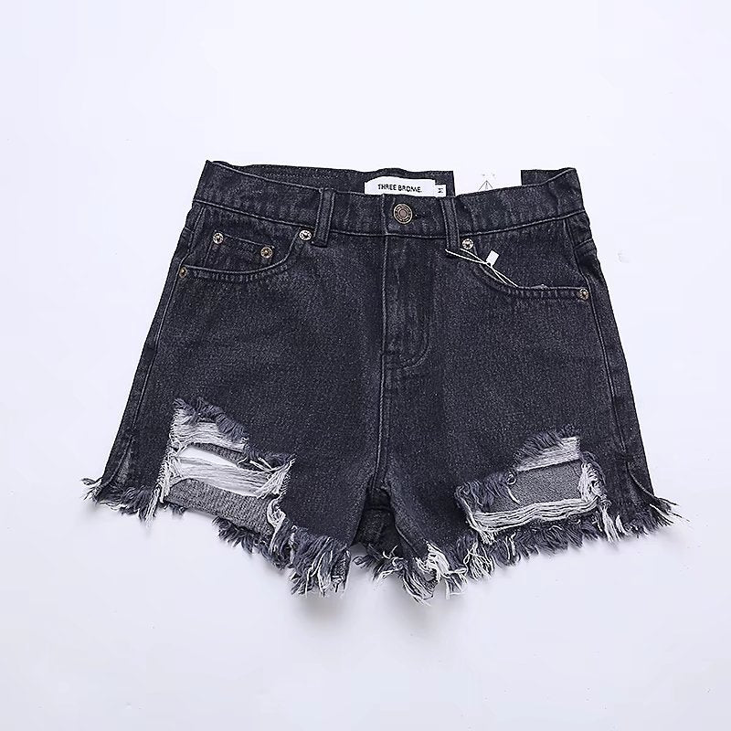 Cute Destroyed Washed Side Cut High Waisted Ripped Denim Shorts