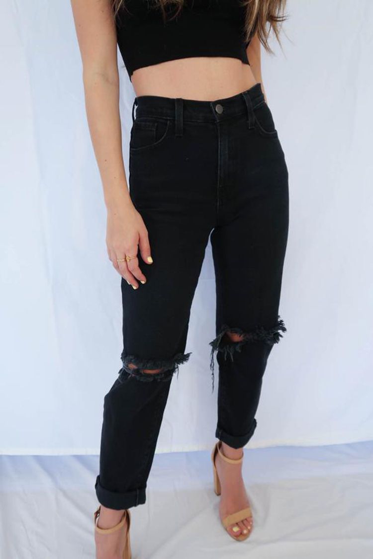 Ripped Knee Holes Distressed Denim Jeans With Holes
