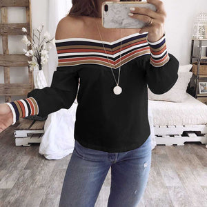 Casual Colorful Rainbow Stripes Off The Shoulder Long Sleeve Shirts