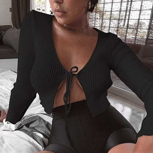 Sexy Ribbed Tie Front Crop Top T Shirt Long Sleeve