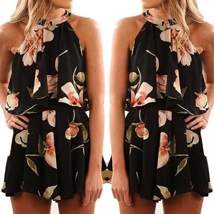 Tie Back Halter Top Floral Prints Two Piece Romper Jumpsuits
