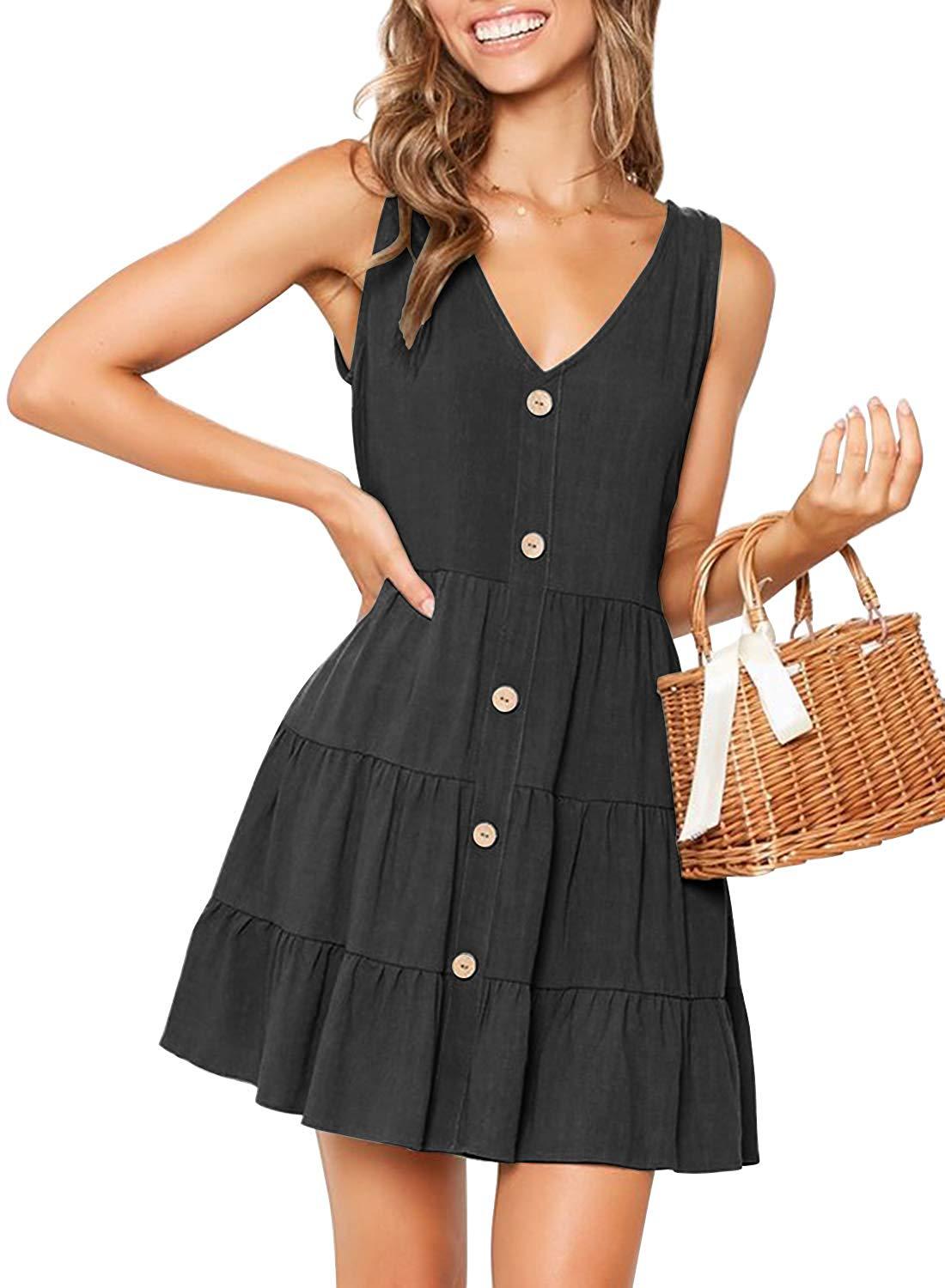 Cute Ruched V Neck Button Down Flowy A Line Sundress