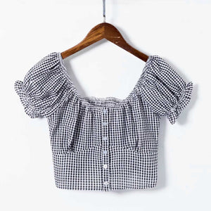 Vintage Smocked Cupped Bustier Puff Sleeve Checked Button Up Blouse