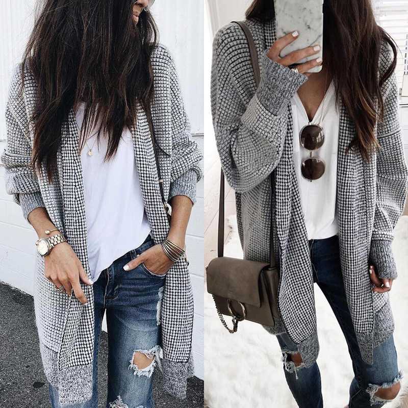 Oversized Black White Checkered Long Cardigan Sweater