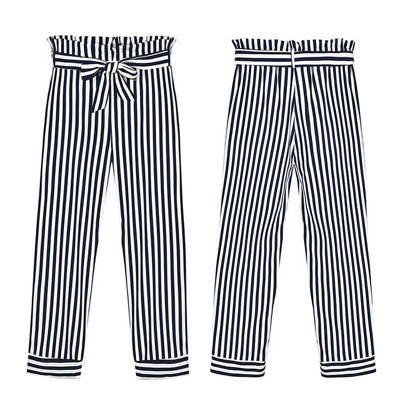Tie Waist Belted Cigarette Trousers Striped Pants