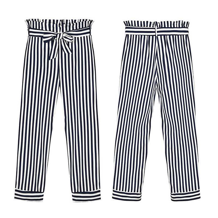 Tie Waist Belted Cigarette Trousers Striped Pants