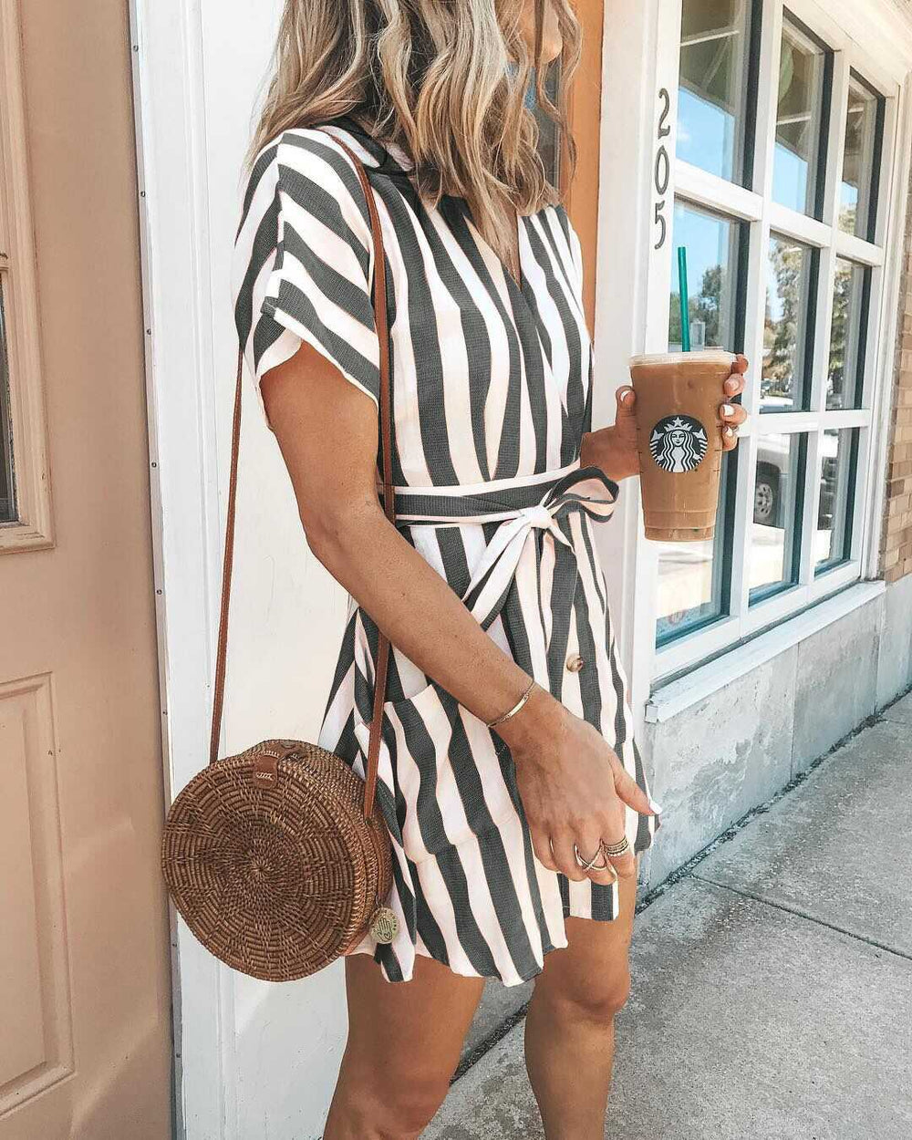 Classic Casual Deep V Neck Tie Waist Vertical Striped Bodycon Dress, S / Green