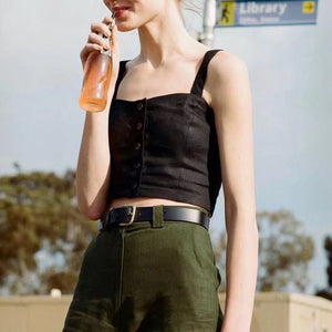 Wide Strap Adjustable Button Up Crop Top Tank Vest