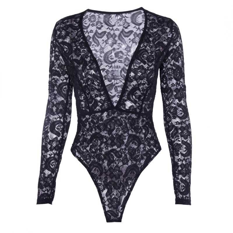 Plunge V Neck Black/ White long sleeve lace bodysuit