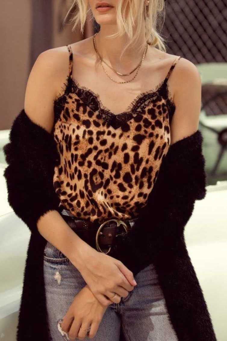 Retro Print Snake Leopard Lace Cami Tank Spaghetti Top