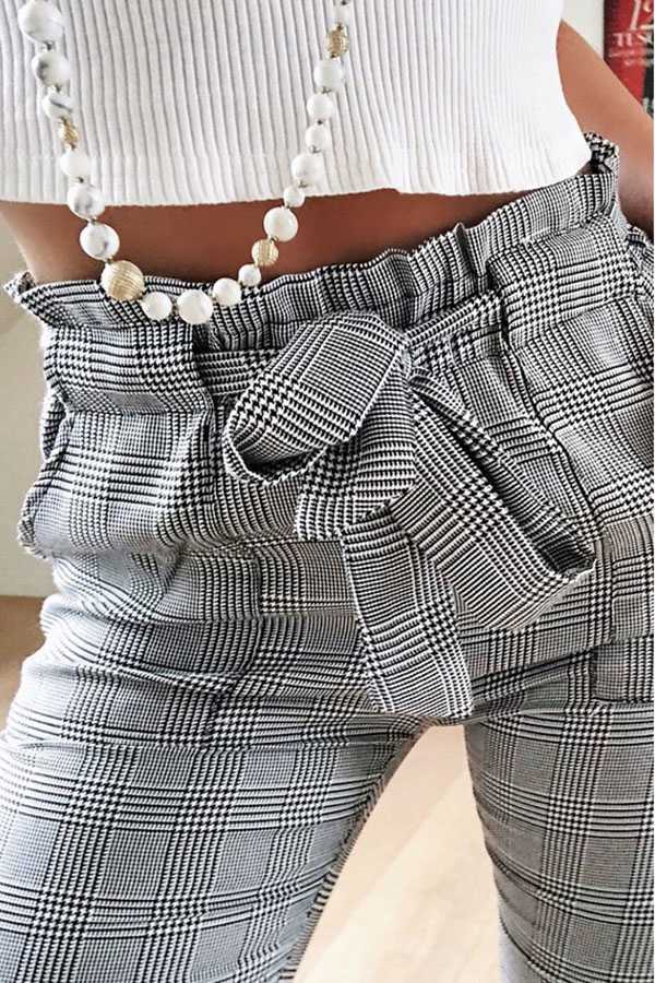 Vintage Tie Waist Grey Checked Skinny Trousers Paparbag Pants