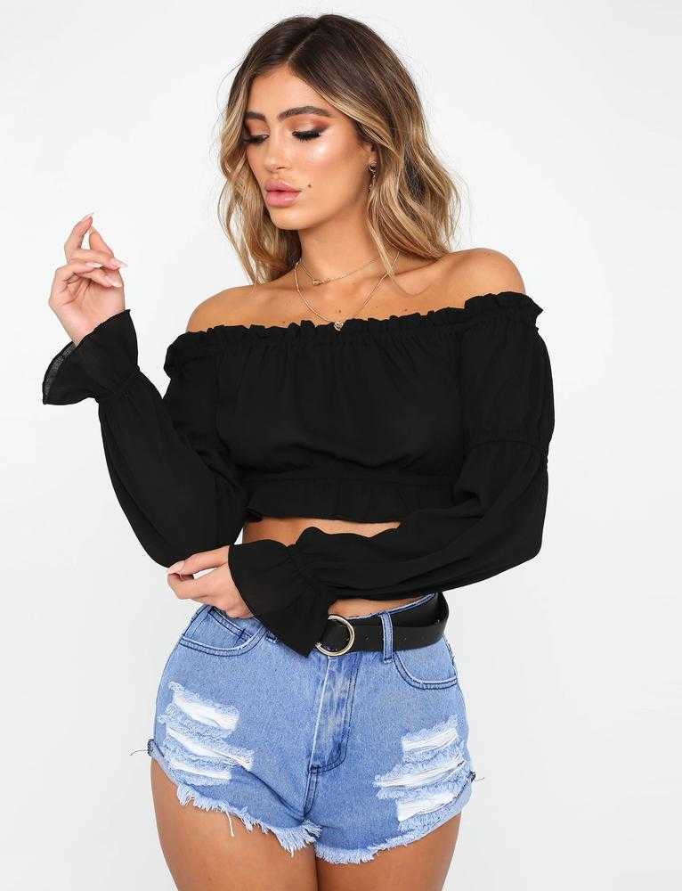 Ruffle Off The Shoulder Lantern Long Sleeve Chiffon Crop top Blouses