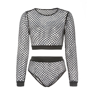 Black Mesh Fishnet Sheer Crop Top&Short Co ord Sets