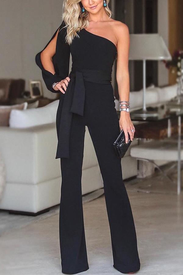 One Shoulder Split Sleeve Belted Wide Leg Jumpsuits