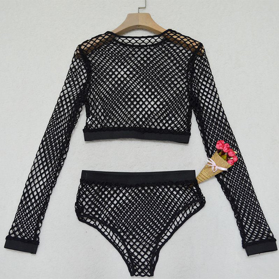 Black Mesh Fishnet Sheer Crop Top&Short Co ord Sets