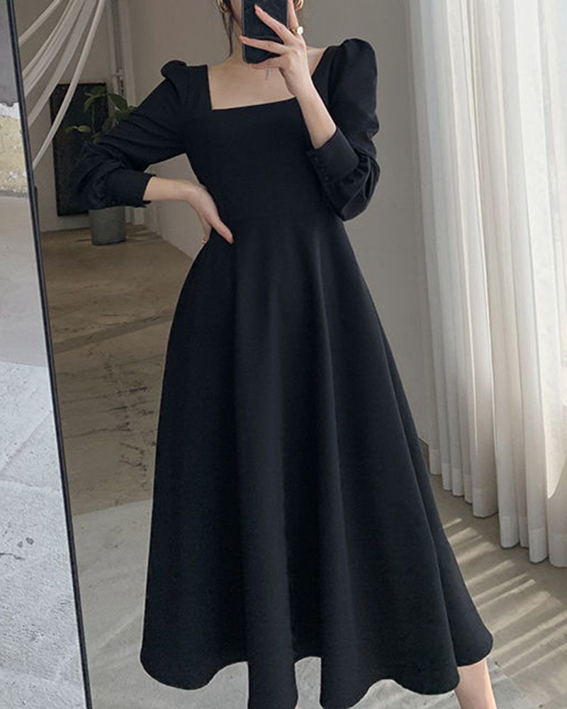 All Black Slim Puff Long Sleeve Square Neck A Line Midi Dresses That H sunifty All Black Slim Puff Long Sleeve Square Neck A Line Midi Dresses That H sunifty