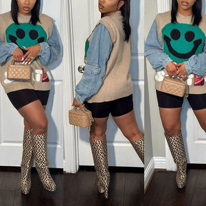 Y2k Aesthetic Smiley Face Color Block Knit Denim Sweatshirt Clothing