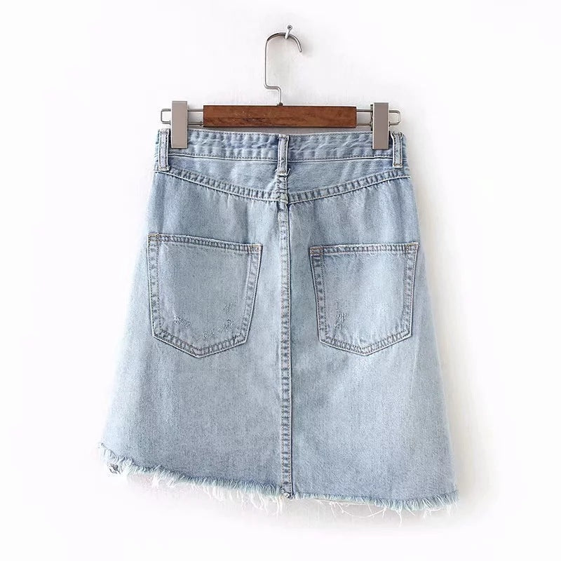 Vintage Washed Distressed Notched Light Denim Mini Skirt