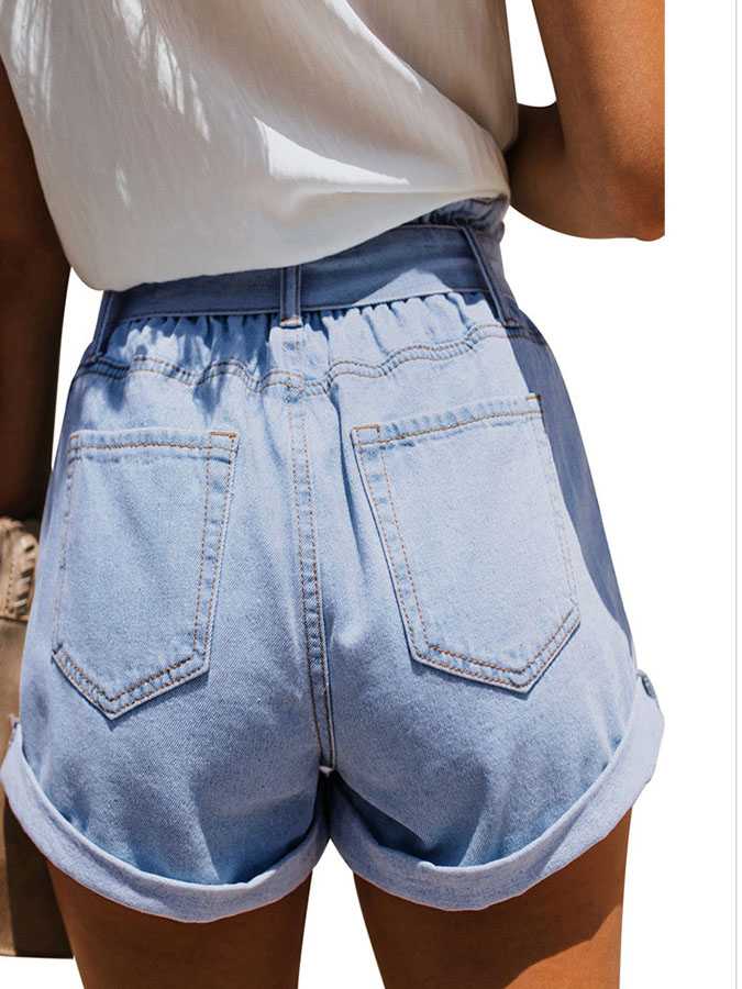 Boyfriend Loose Fit High Waisted Cuffed Paperbag Denim Shorts