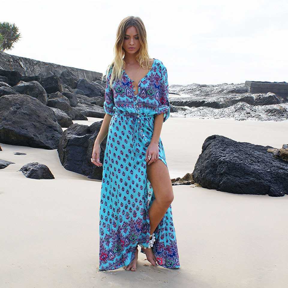 Hippie Gypsy Boho Long Beach Dress Maxi Cover Ups Beachwear sunifty Hippie Gypsy Boho Long Beach Dress Maxi Cover Ups Beachwear sunifty