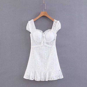 Elegant Criss Cross White Lace Eyelet Dress Puff Sleeve