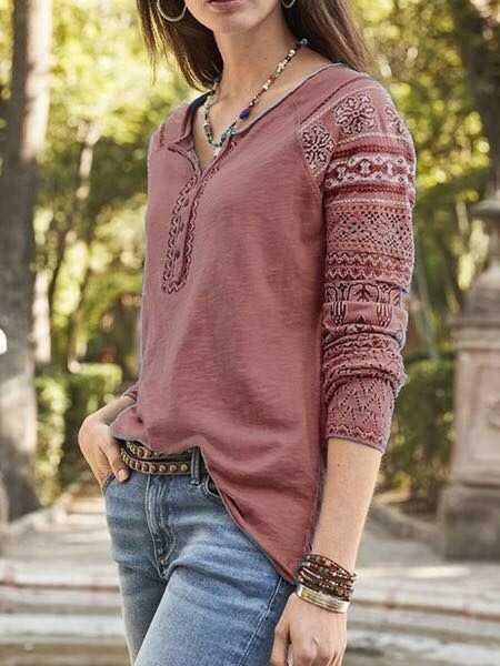 Plus Size Avaialble Retro Block Printed Casual V Neck Tee Shirts