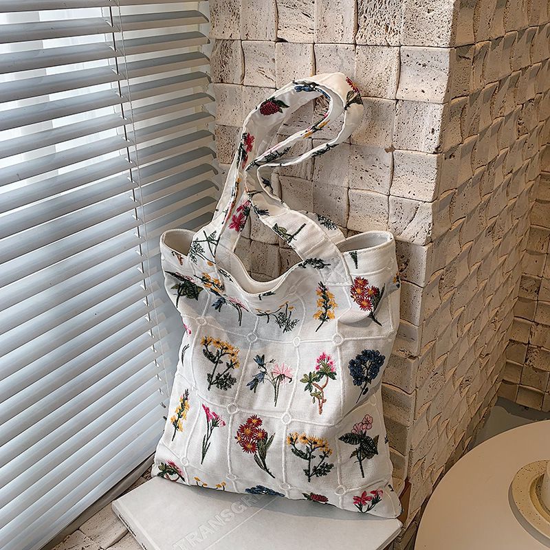 Boho Embroidered Canvas Tote Bag With Daisy Embroidery Handbag