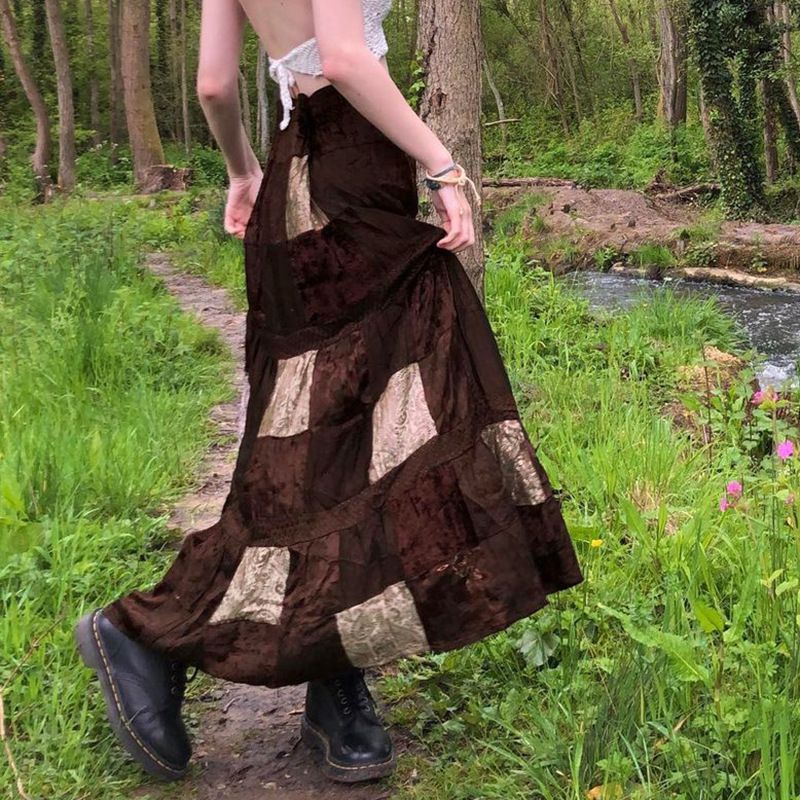Retro Patchwork Grunge Steampunk Emo Flare Midi Skirt