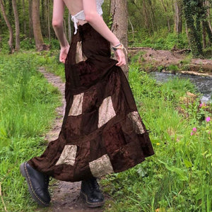 Retro Patchwork Grunge Steampunk Emo Flare Midi Skirt