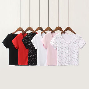Ribbed Floral Short Sleeve Button Up Crop Top Tee Shirt