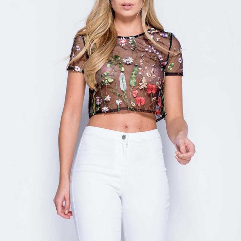 Bohemian Floral Embroidered Black Mesh Crop Top