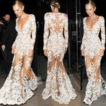 White Lace Embroidered Sheer Mesh Mermaild Formal Gowns Dress